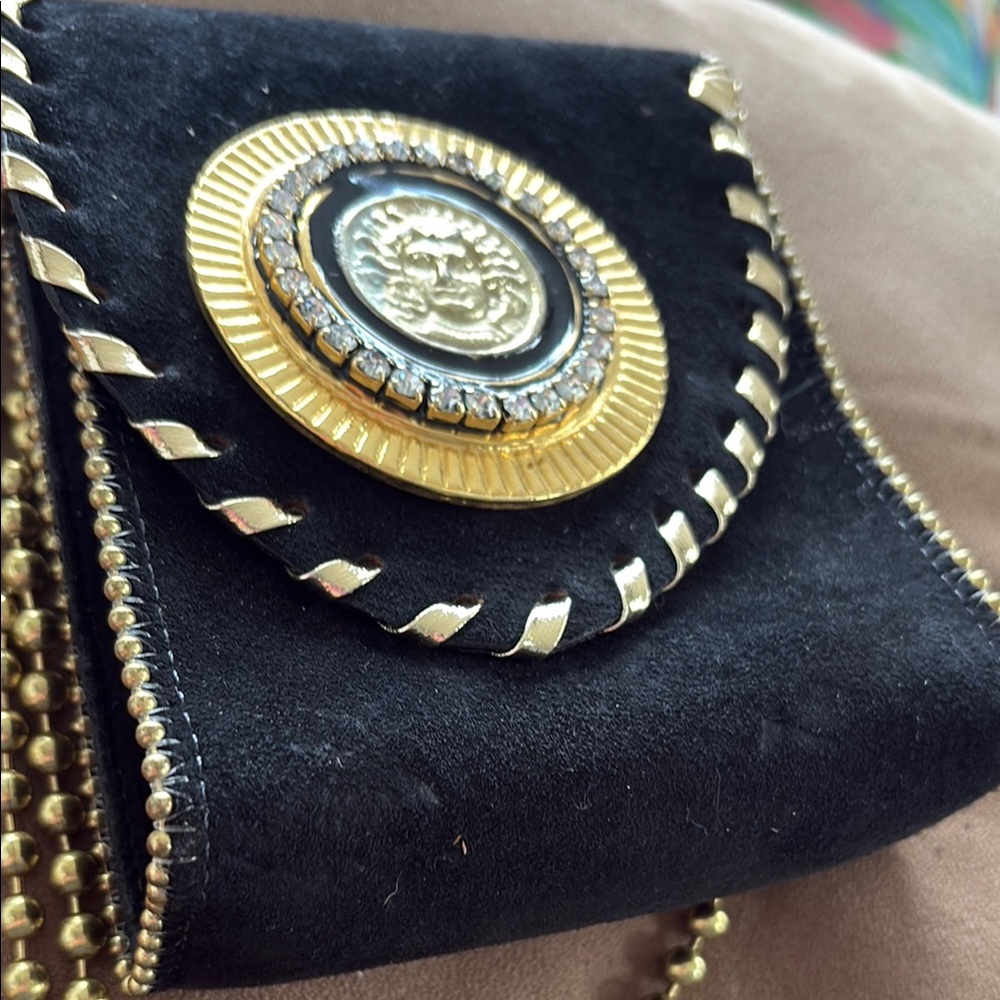 Nina Arjani Black & Gold Medallion Rhinestones Gold Shoulder Strap Vtg Leather